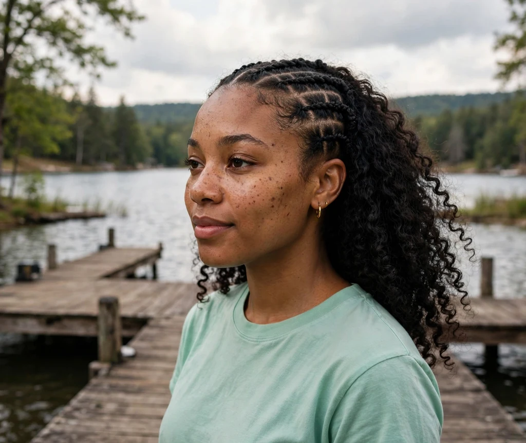 Woman with a flat twist crown on curly hair at a lake