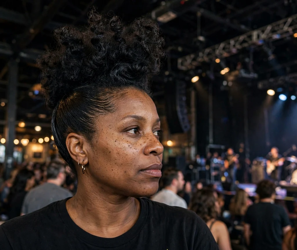 Woman with a bold curly faux hawk at a concert