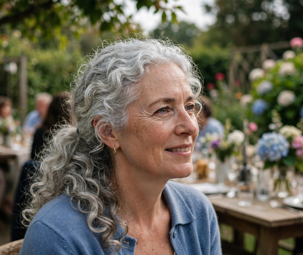 Woman with a loose curly side ponytail at a garden party