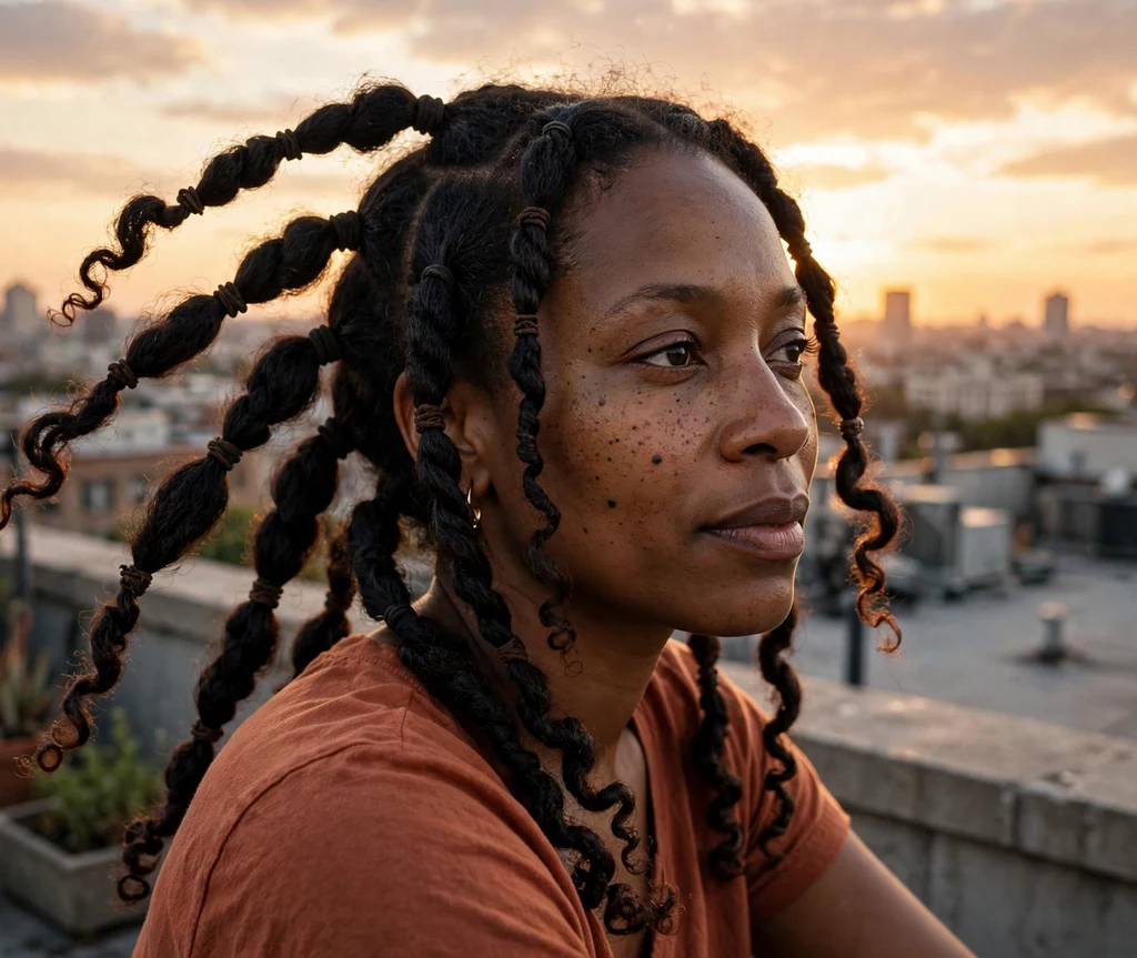 Woman with a stretched twist-out at sunset