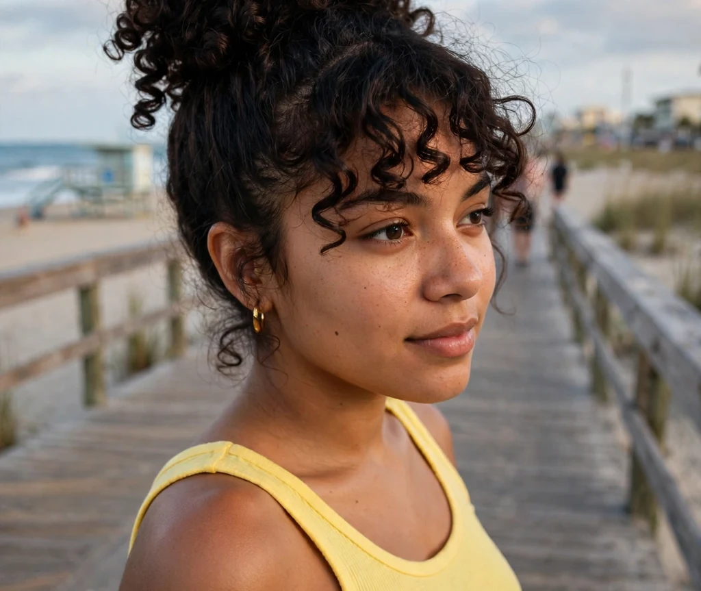 Woman with a pineapple updo and curly bangs on a boardwalk