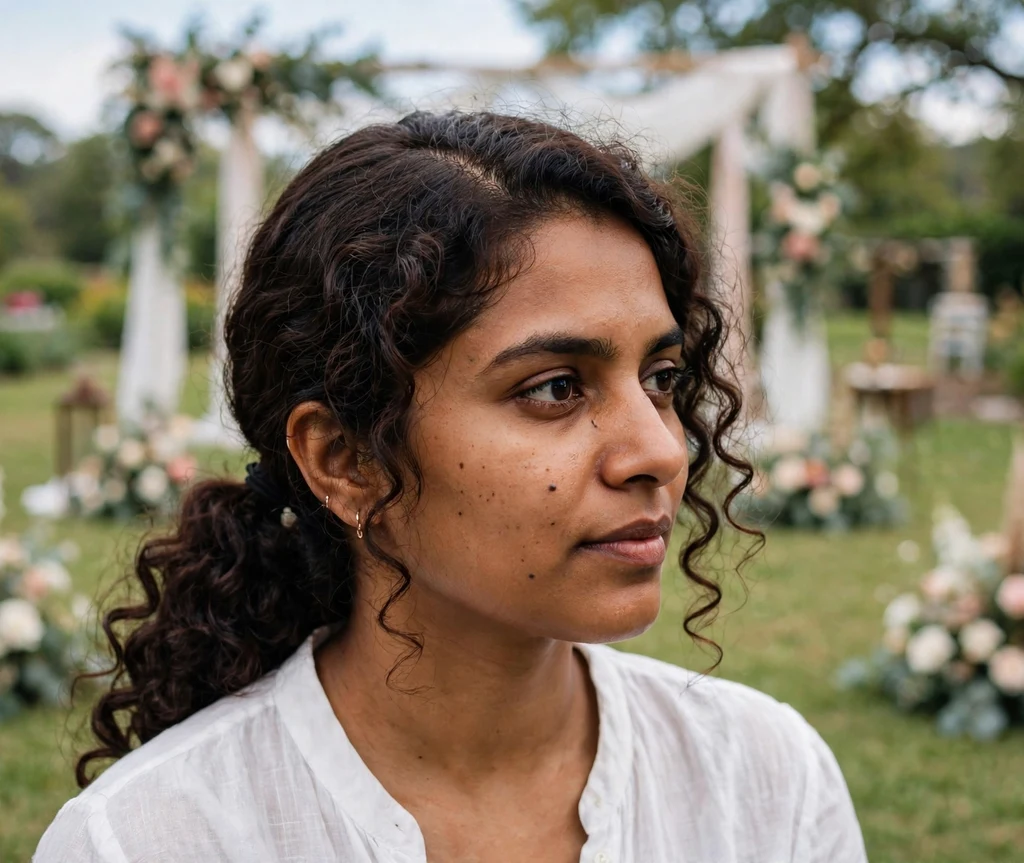 Woman with a side part low curly ponytail on a wedding lawn