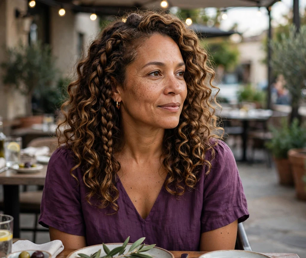 Woman with chunky braid-out waves on a dinner patio