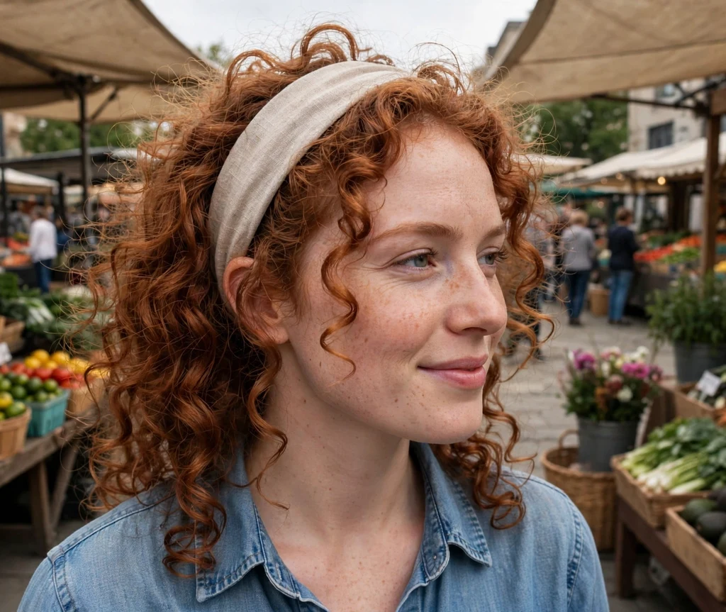 Woman with curls pushed back by a wide headband at a market