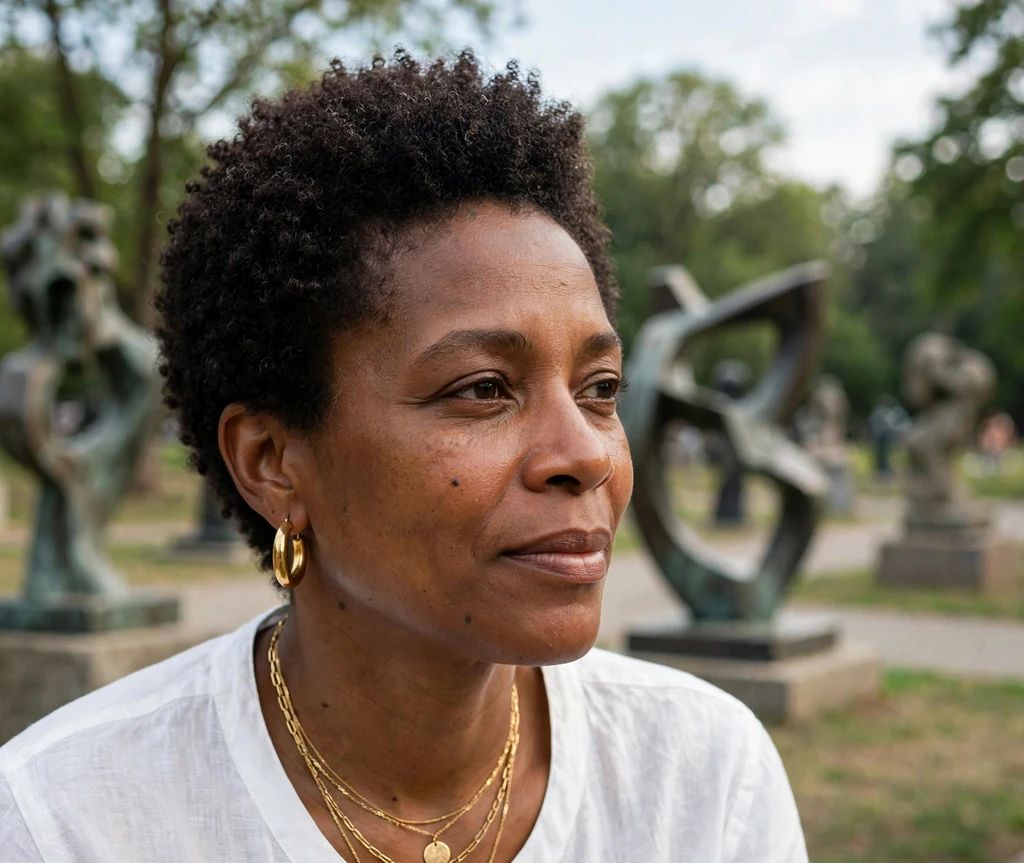 Woman with a teeny weeny afro of defined coils in a sculpture park