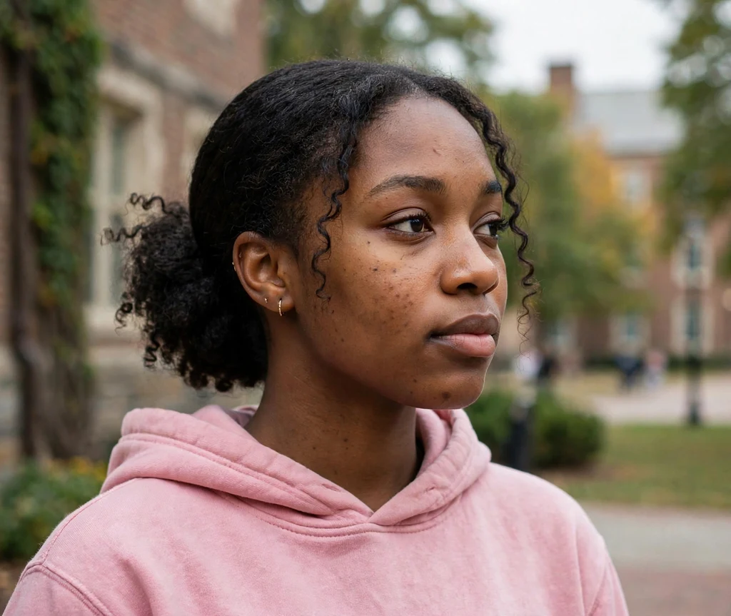 Woman with a sleek curly low puff on a college campus