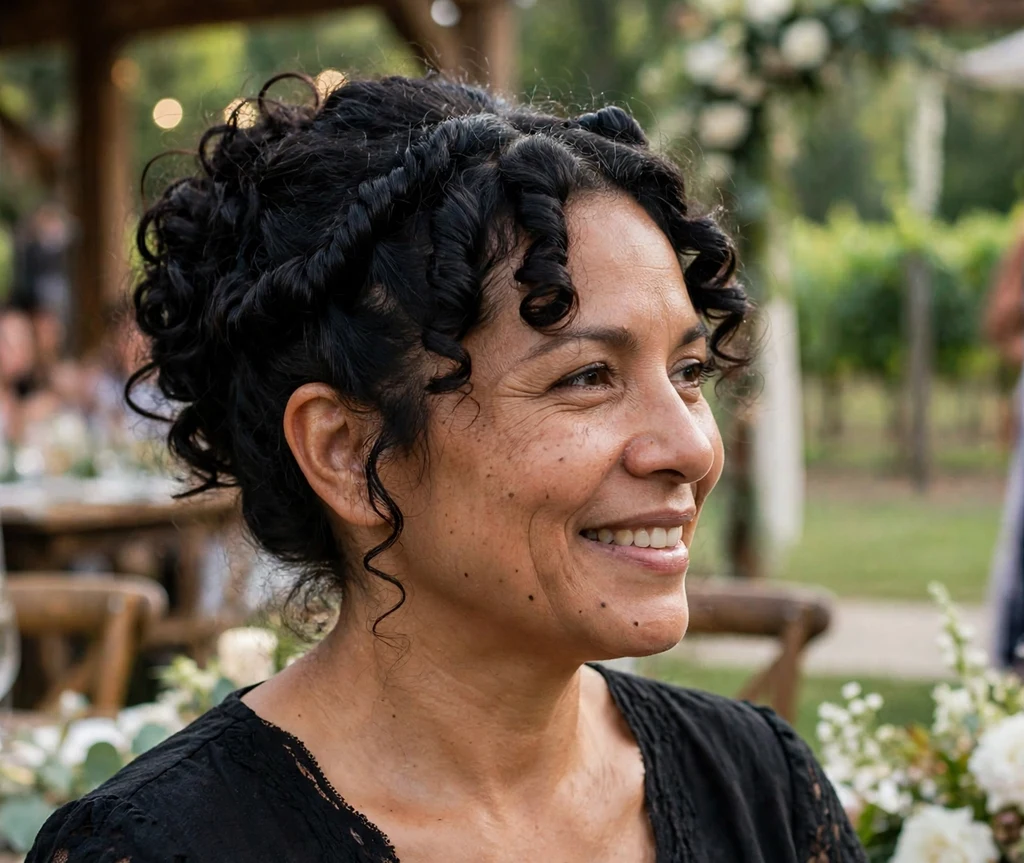 Woman with a curly updo with chunky twists at a wedding