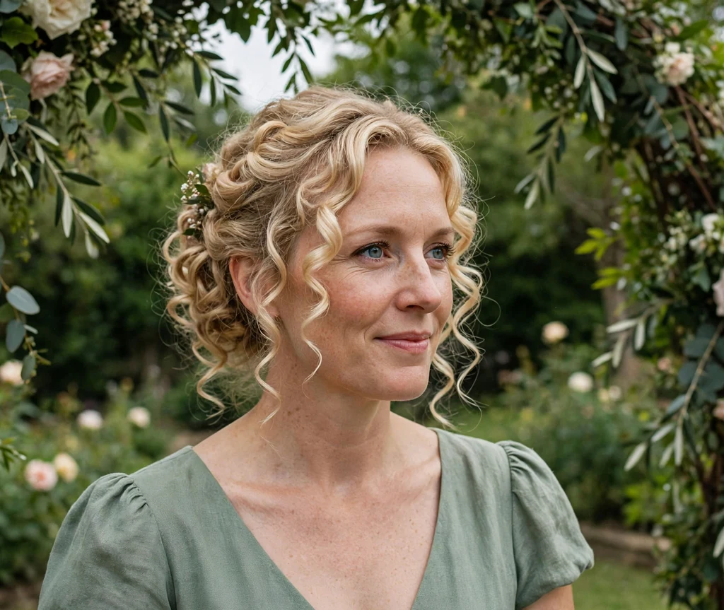 Woman with a romantic pinned curly updo under a wedding arch