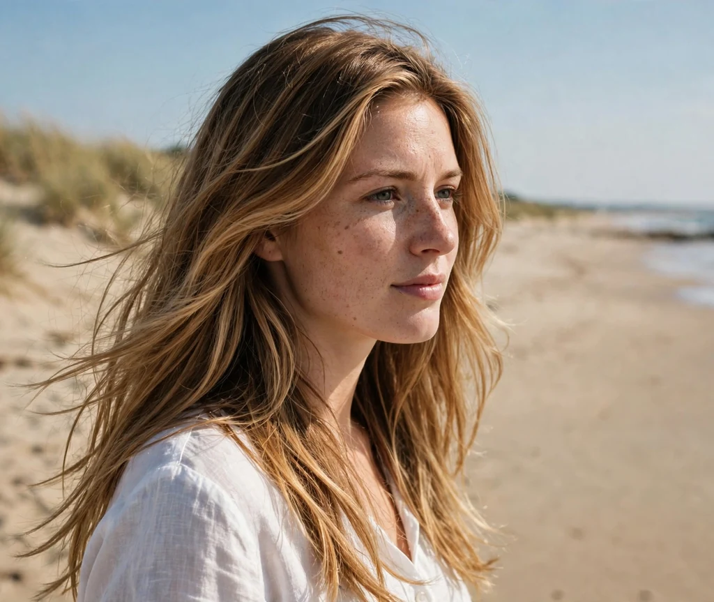 Northern European woman with long layered honey dark blonde hair on a beach
