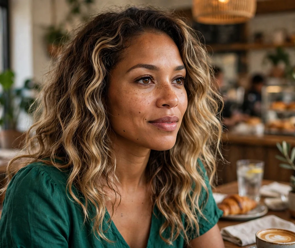 Mixed-race woman with long wavy bronde balayage hair in a cafe