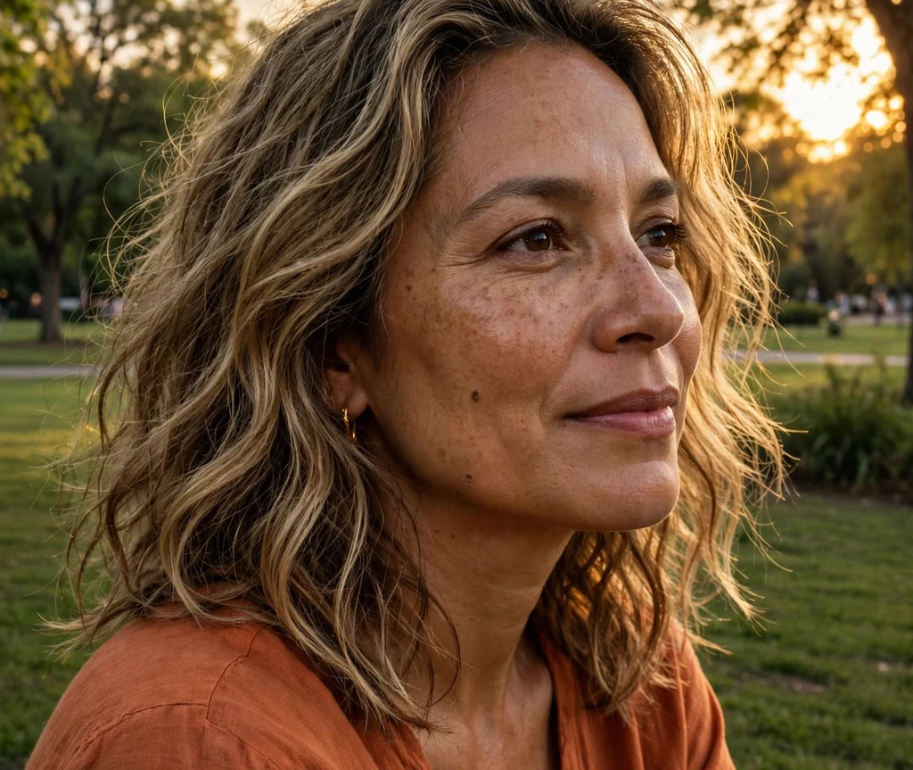 Latina woman in her 40s with shoulder-length sandy dark blonde waves in a park