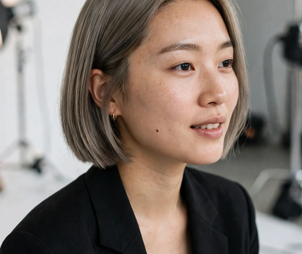 East Asian woman with a sleek mushroom dark blonde lob in a studio