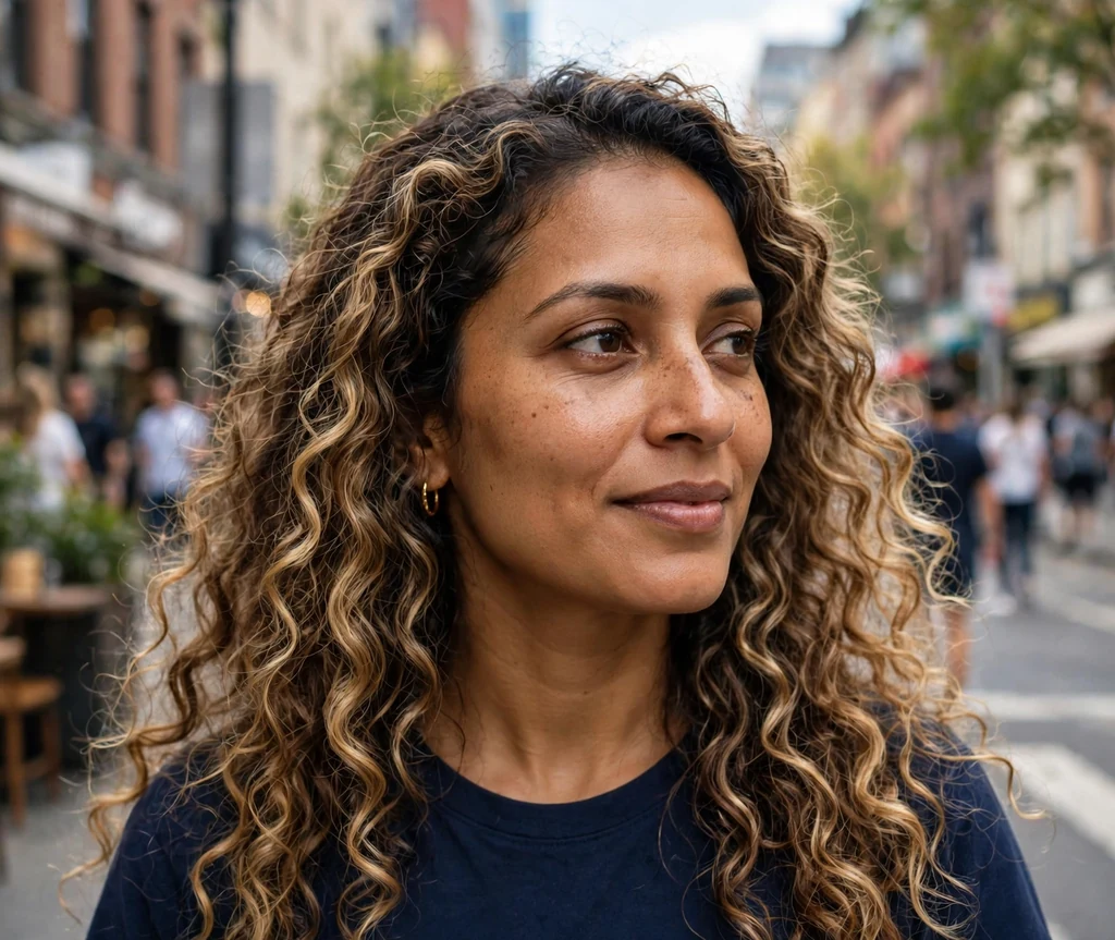 South Asian woman with long caramel dark blonde curls on a city street
