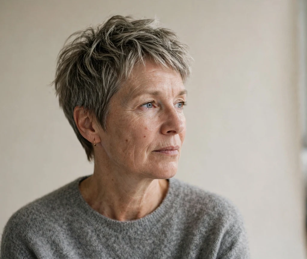 Scandinavian woman in her 50s with an ash dark blonde pixie cut in a studio