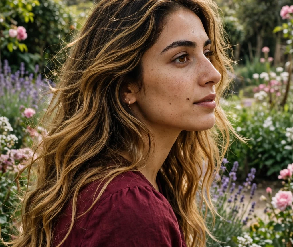 Middle Eastern woman with long golden dark blonde waves in a garden