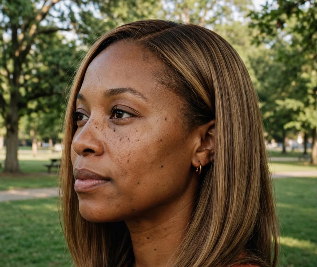 Black woman with shoulder-length toffee dark blonde straight hair in a park