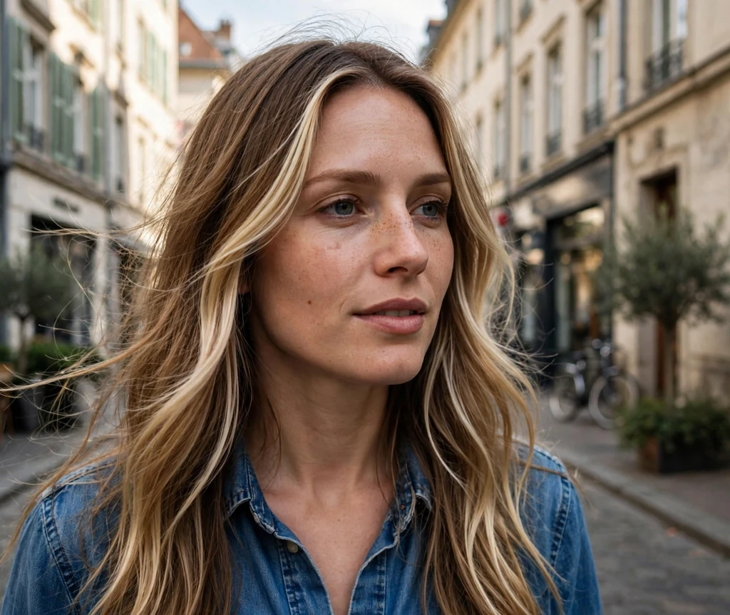 European woman with long bronde hair and face-framing highlights on a city street