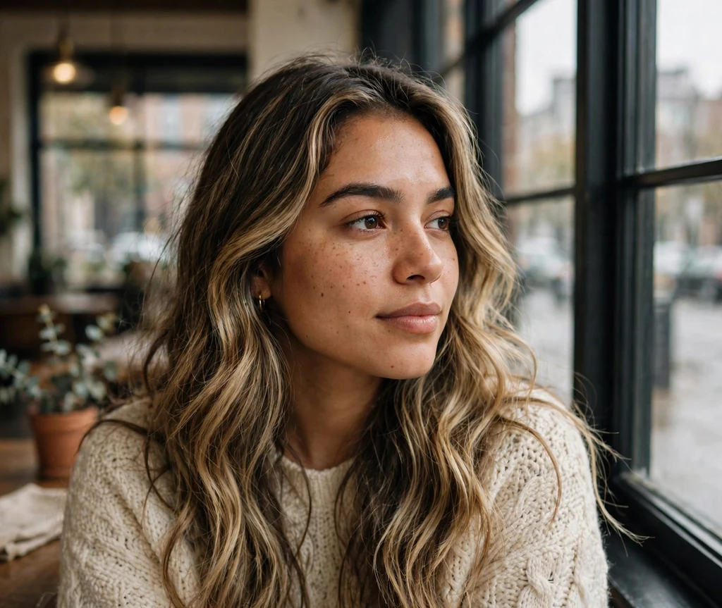 Latina woman with long dark blonde balayage waves in a cafe