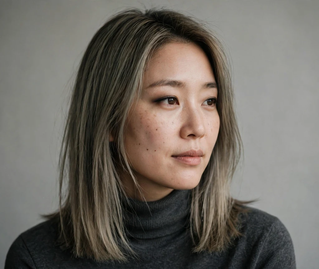 Korean woman with straight shoulder-length smoky dark blonde hair in a studio