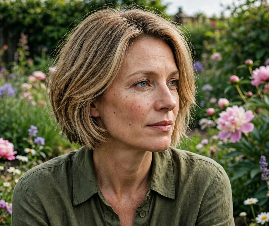 European woman in her 40s with a butterscotch dark blonde layered bob in a garden