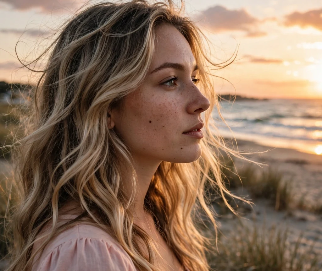 Slavic woman with long champagne dark blonde waves on a beach