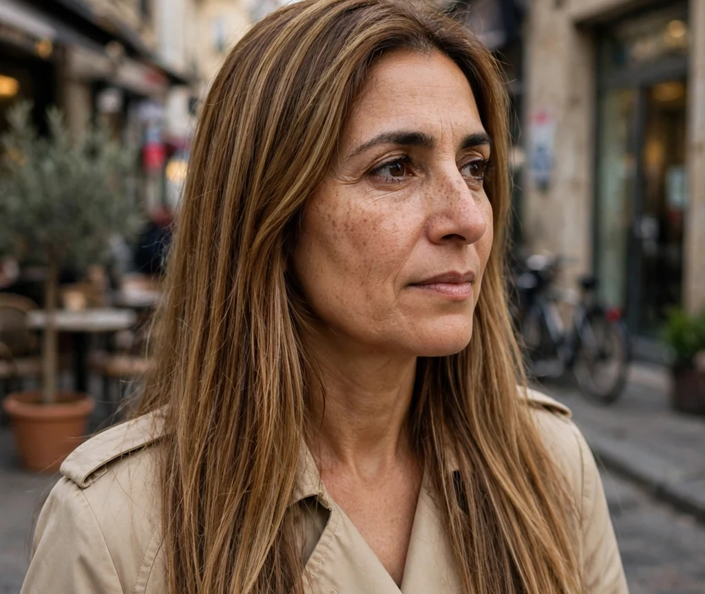 Middle Eastern woman in her 40s with long straight walnut dark blonde hair on a street