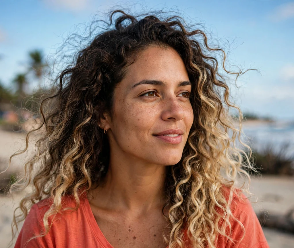 Brazilian woman with long dark blonde ombre curls on a beach