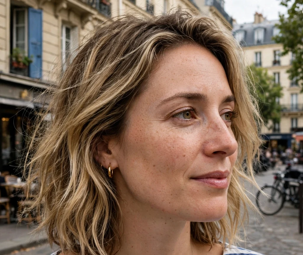 French woman with a bronde textured lob on a Paris street