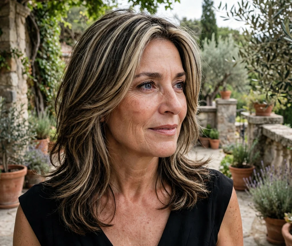 Italian woman in her 50s with dark blonde layered hair with lowlights in a garden