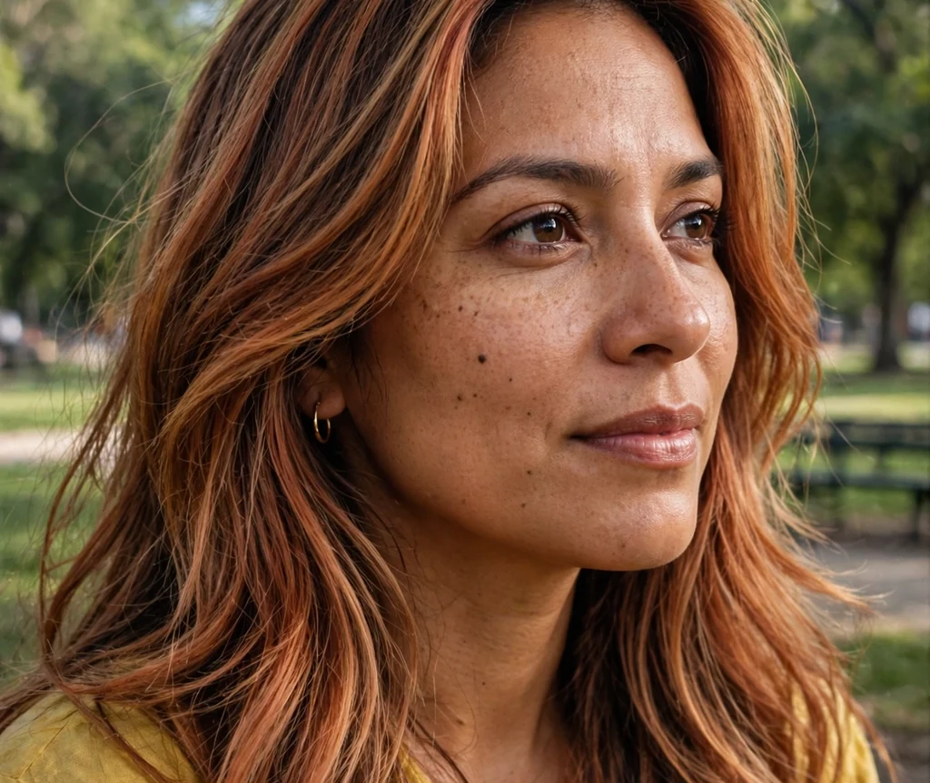 Latina woman with long layered cinnamon dark blonde hair in a park