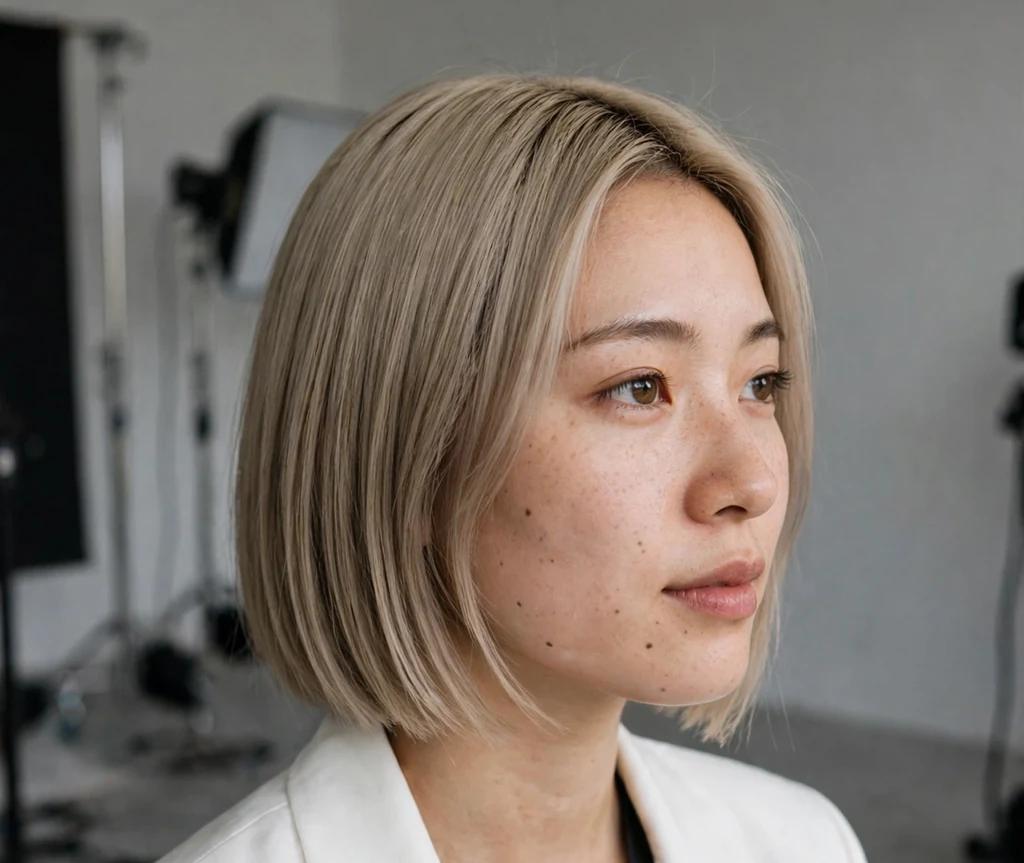 Japanese woman with a sleek beige dark blonde bob in a studio