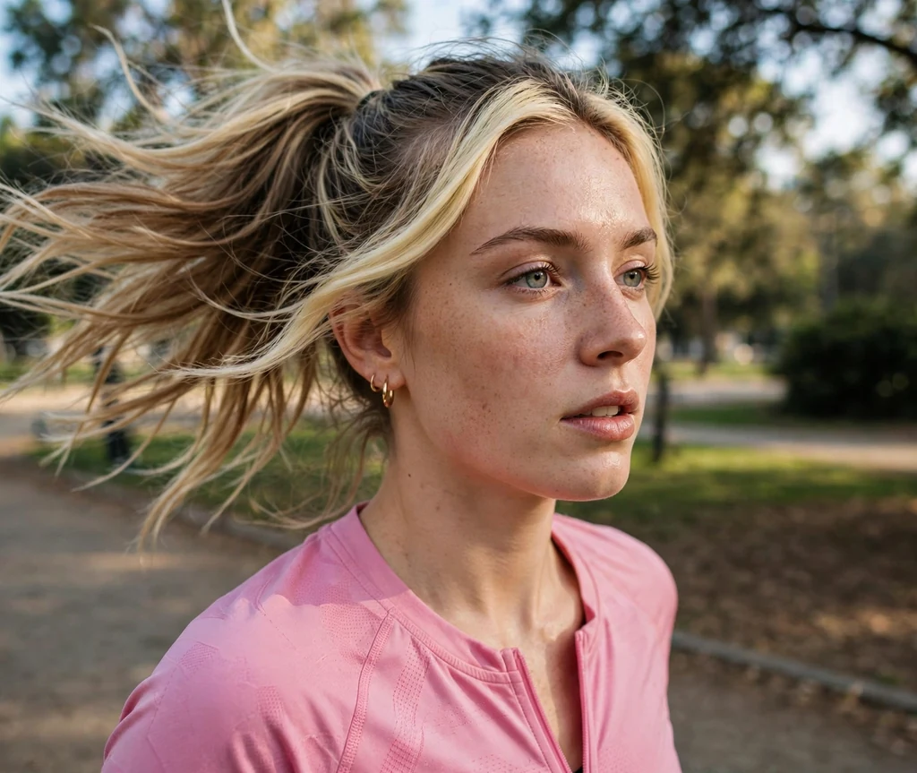 American woman with dark blonde hair and a bright money piece in a ponytail in a park
