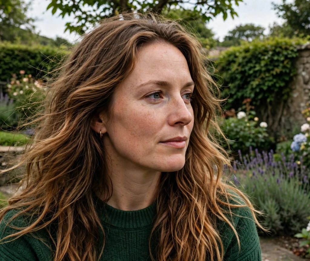 Scottish woman with long tawny dark blonde waves in a garden