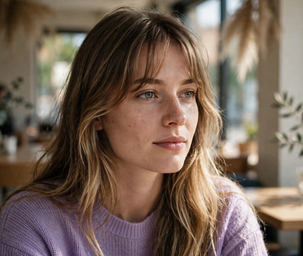 Swedish woman with long dark blonde hair and curtain bangs in a cafe