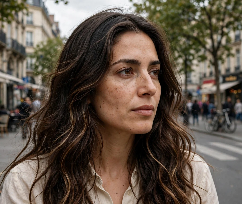 Persian woman with long glossy espresso dark blonde waves on a city street