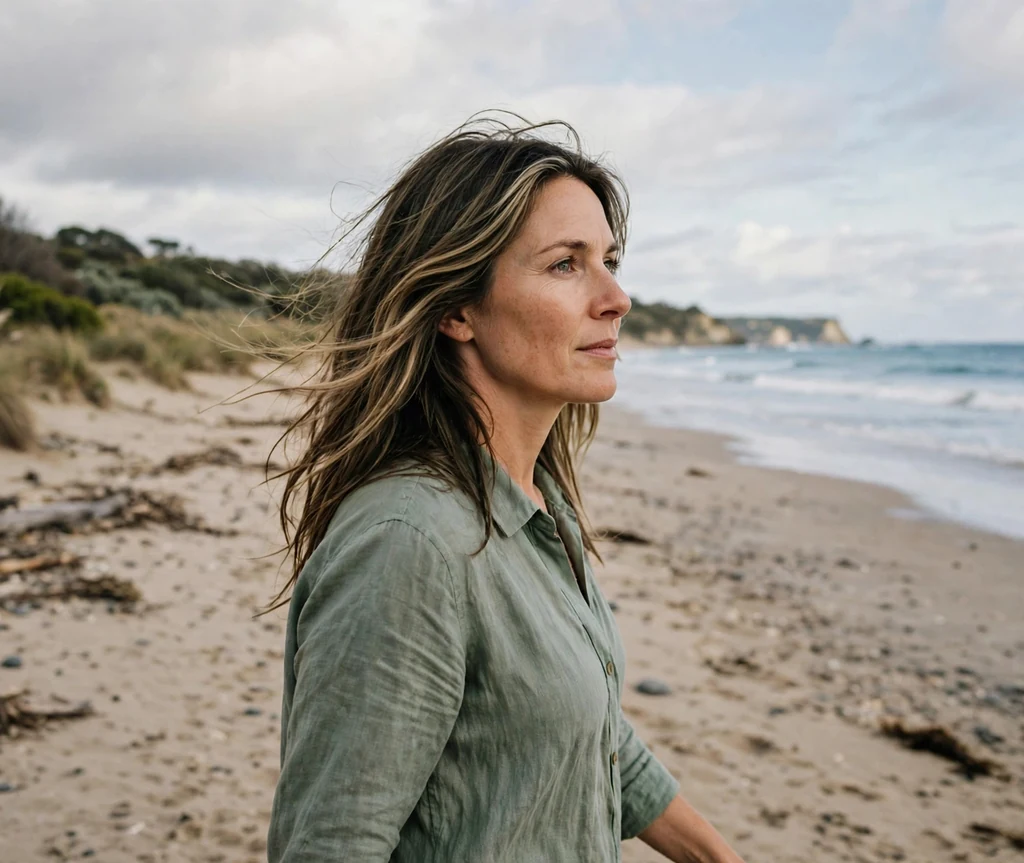 Australian woman in her 40s with long layered lived-in dark blonde hair on a beach