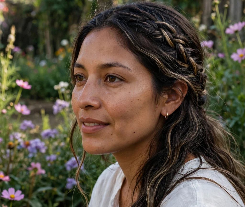 Mexican woman with long dark brown hair with dark blonde highlights in a garden