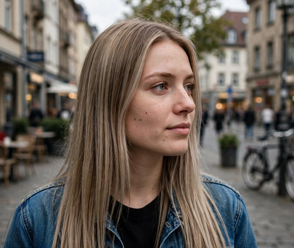 German woman with long straight cool beige bronde hair on a city street