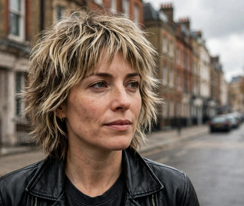 British woman with a dark blonde shag haircut on a London street