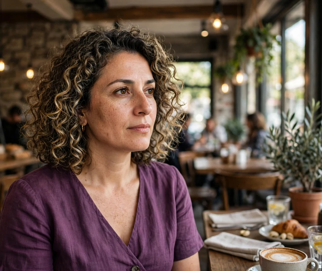 Turkish woman in her 40s with shoulder-length hazelnut dark blonde curls in a cafe