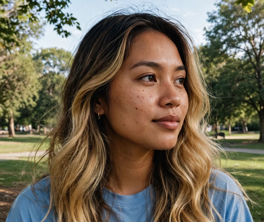 Filipino woman with long dark blonde hair with a seamless color melt in a park