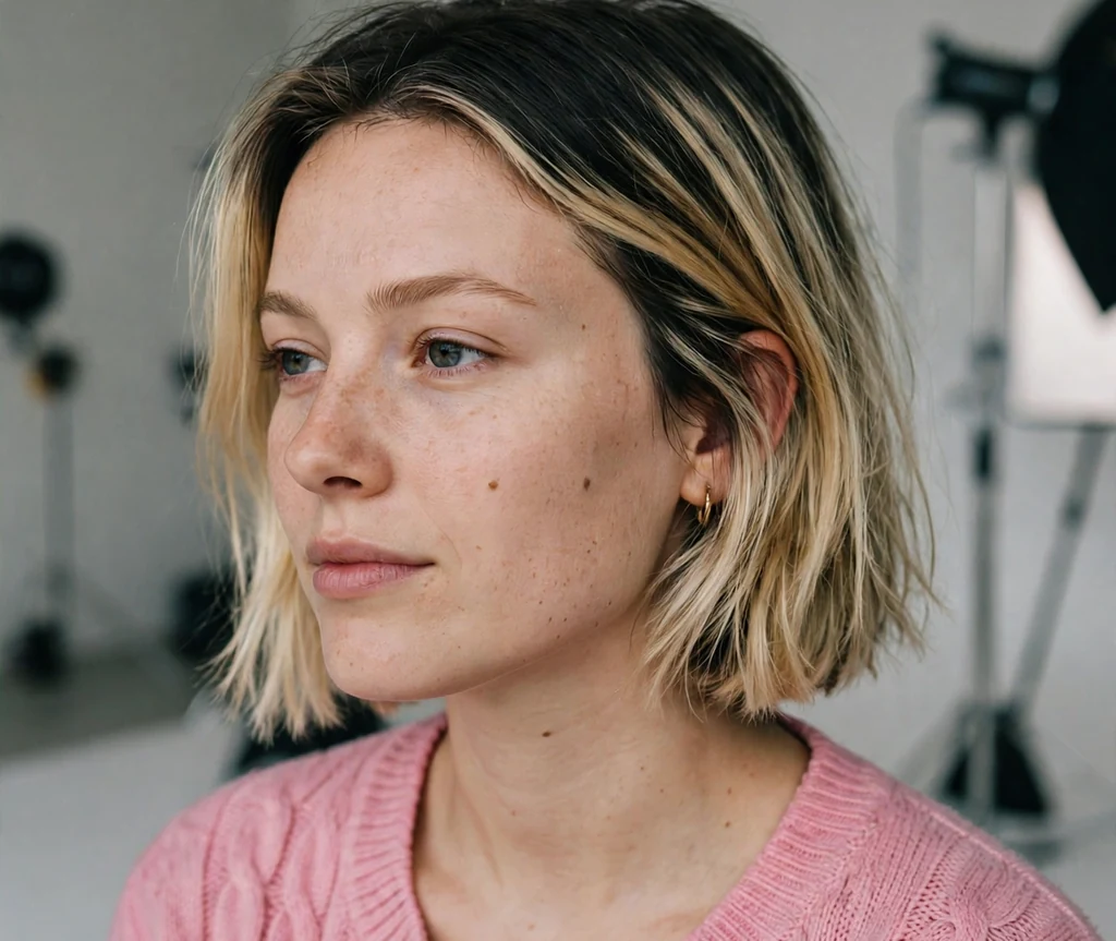 Dutch woman with a dark-rooted blonde bob in a studio