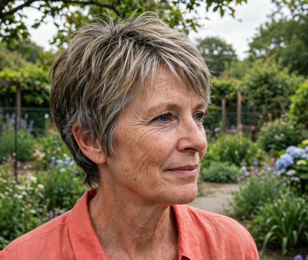 American woman in her 50s with short layered dark blonde hair with gray-blending highlights in a garden