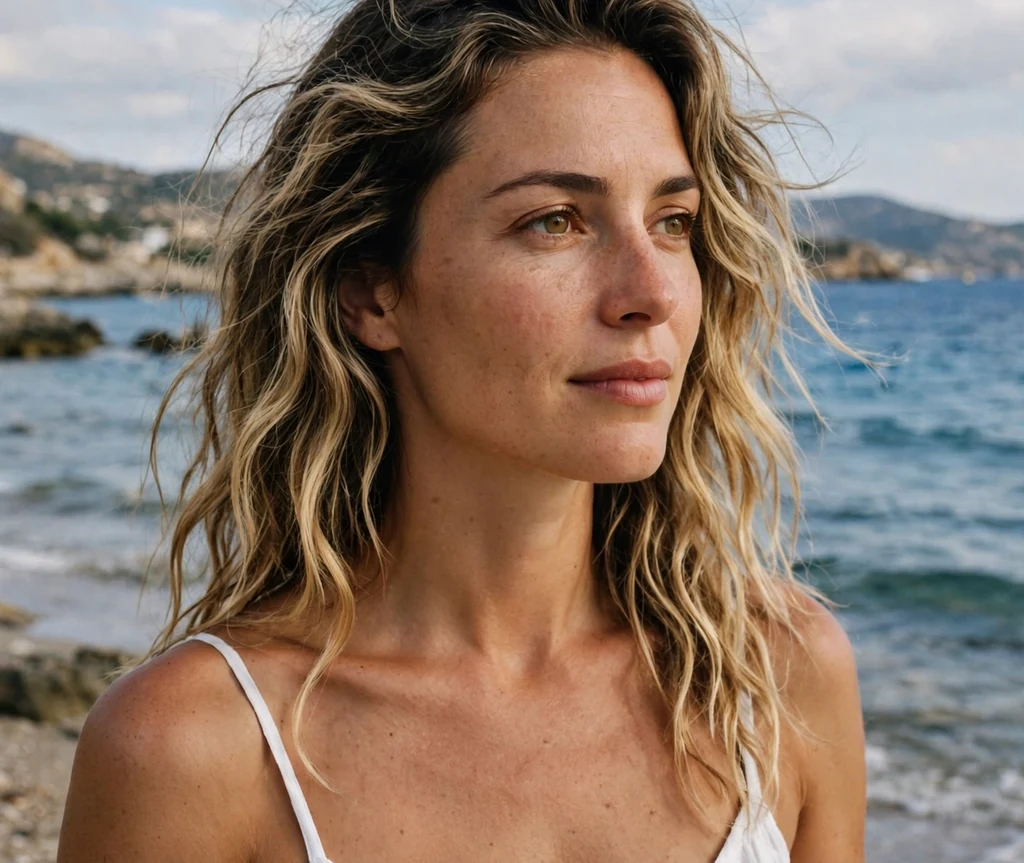 Greek woman with sun-kissed dark blonde beach waves in a white sundress on a beach