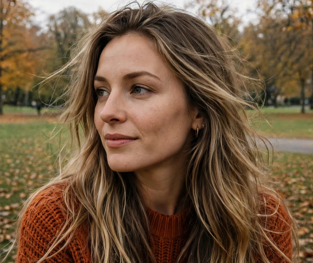 Polish woman with long honey and ash dark blonde blended hair in an autumn park