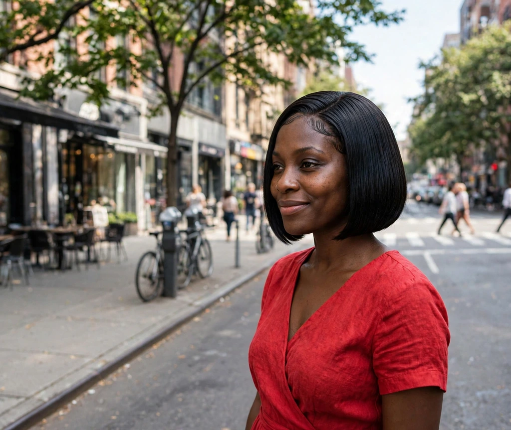 Black woman with a jet black glass-gloss bob on a city street