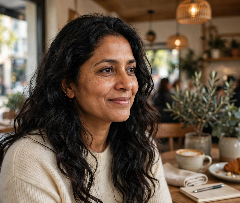 South Asian woman with long wavy espresso-black hair in a cafe