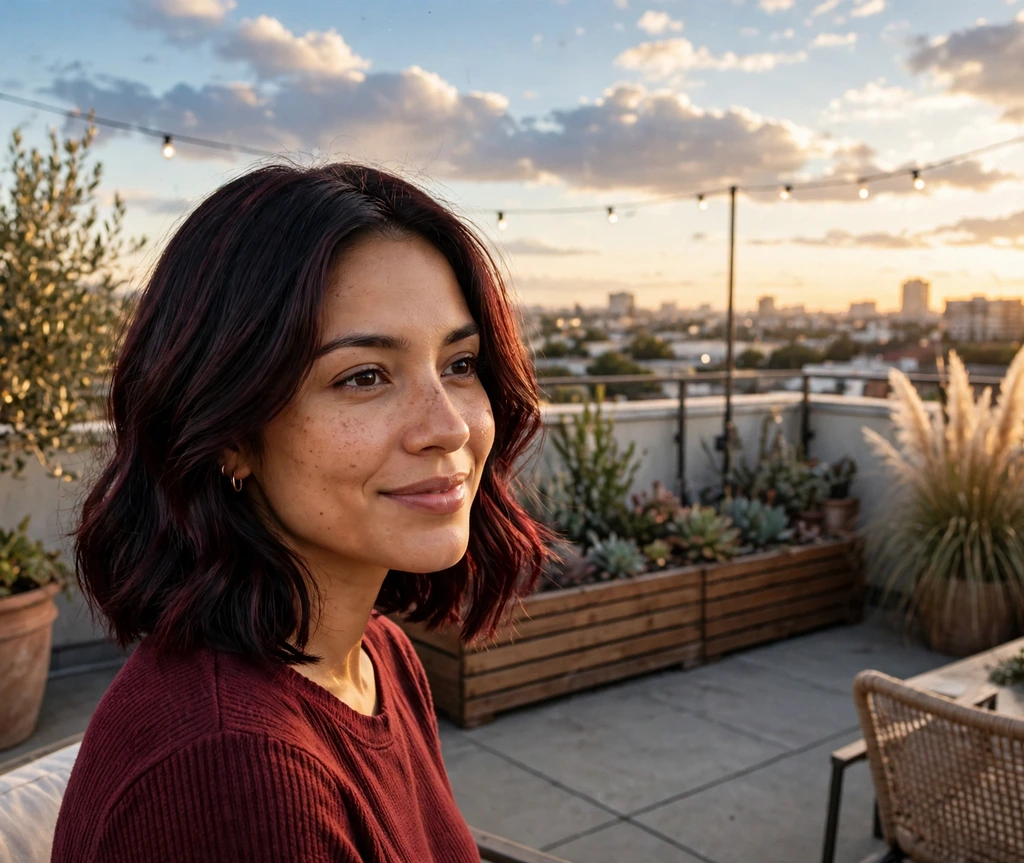 Latina woman with a black cherry lob on a rooftop terrace