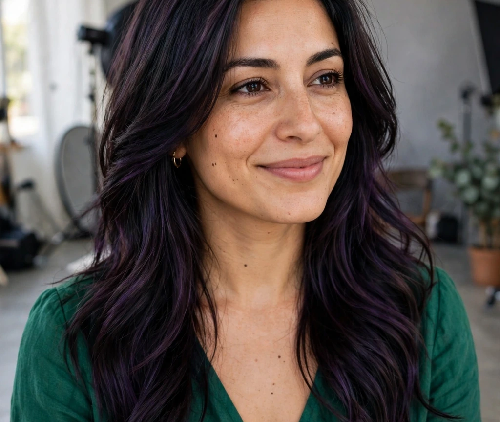 Middle Eastern woman with dark plum layered hair in a studio