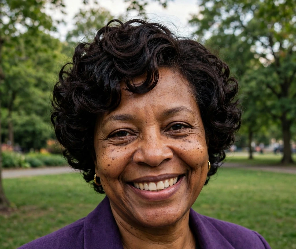 Black woman with chocolate-black short curls in a park